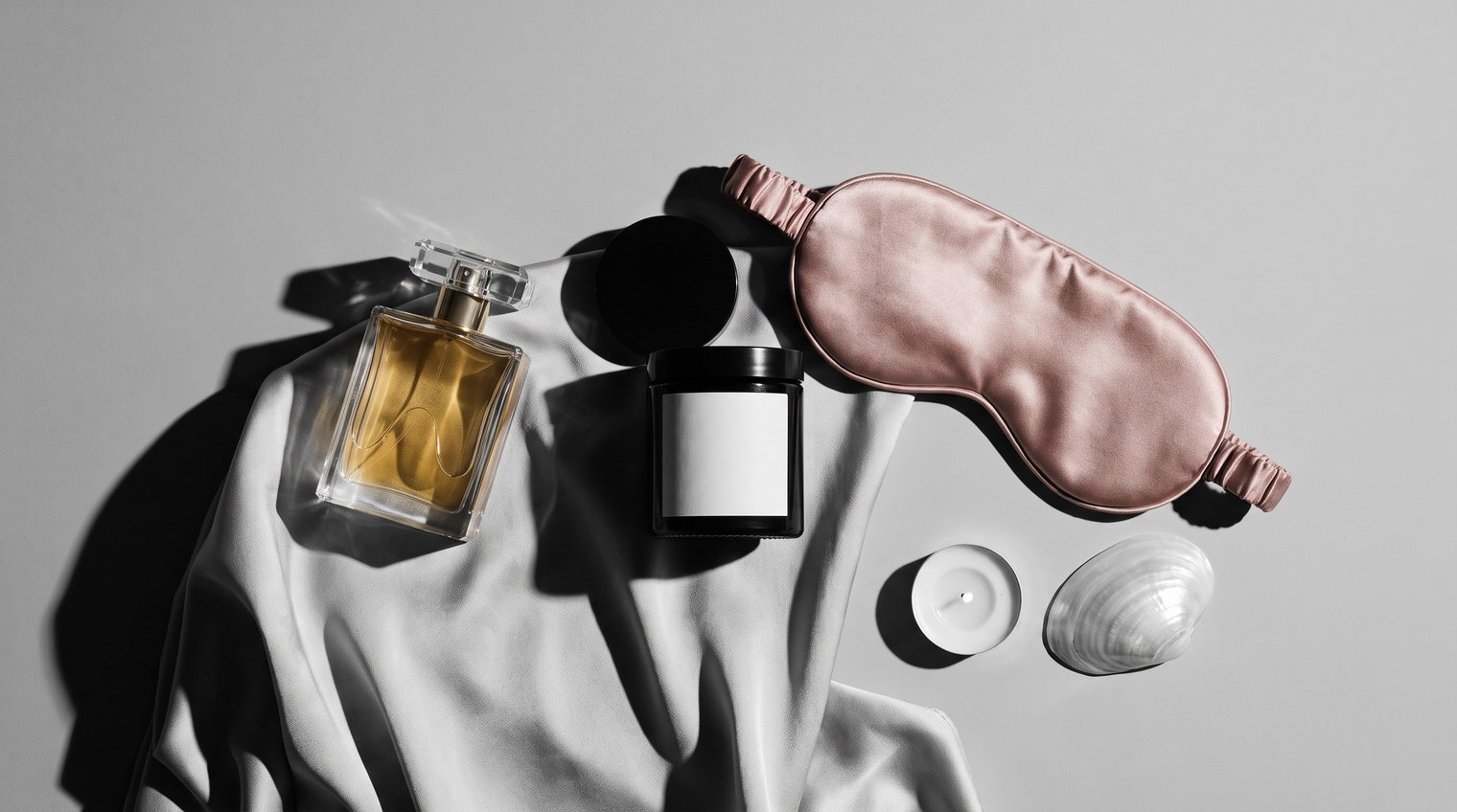 Huile parfumée, masque de nuit en soie et bougie disposés sur un drapé rosé